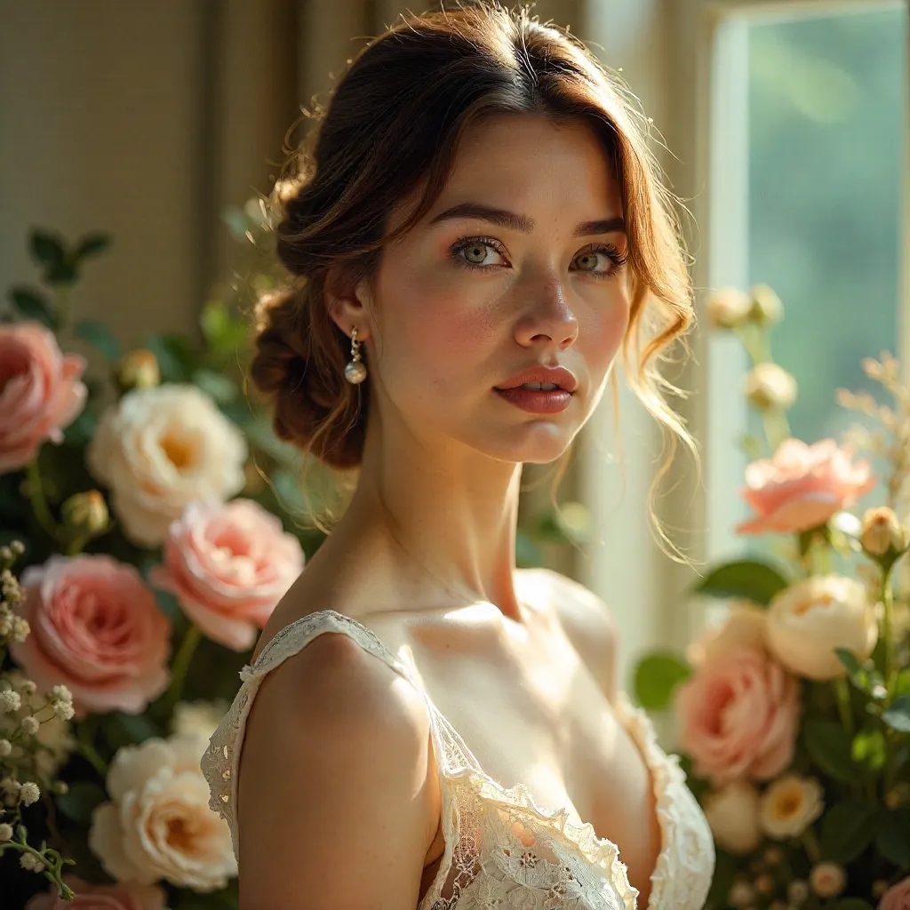 Elegant Vintage Floral Portrait in Soft Lighting
