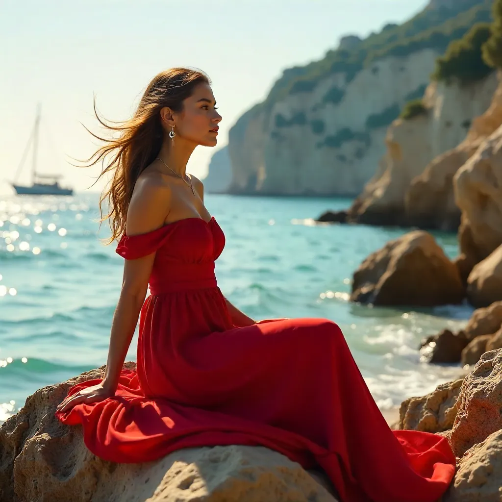 Red Dress on Antalya's Rocky Shore
