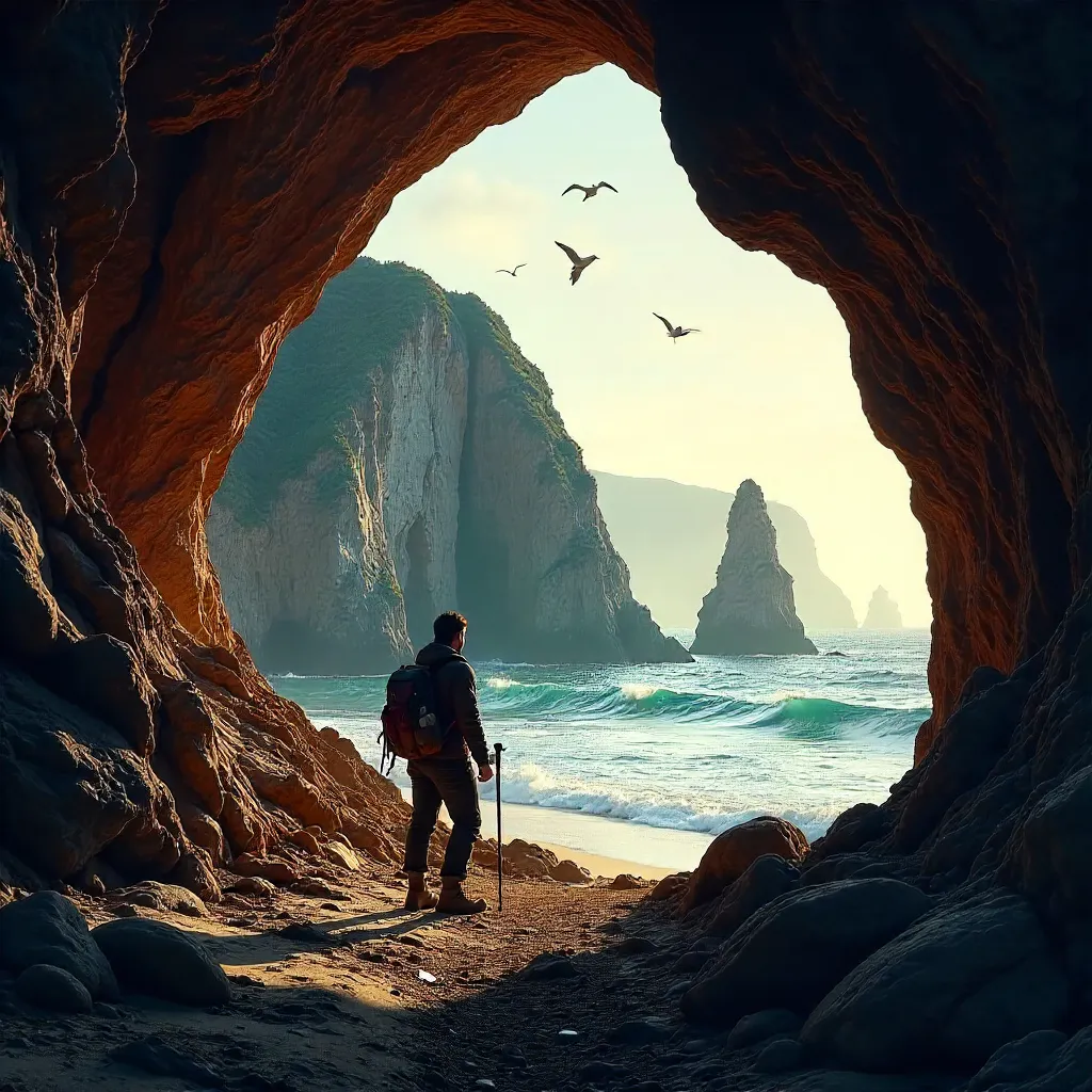 Lone Adventurer at a Coastal Cave Vista
