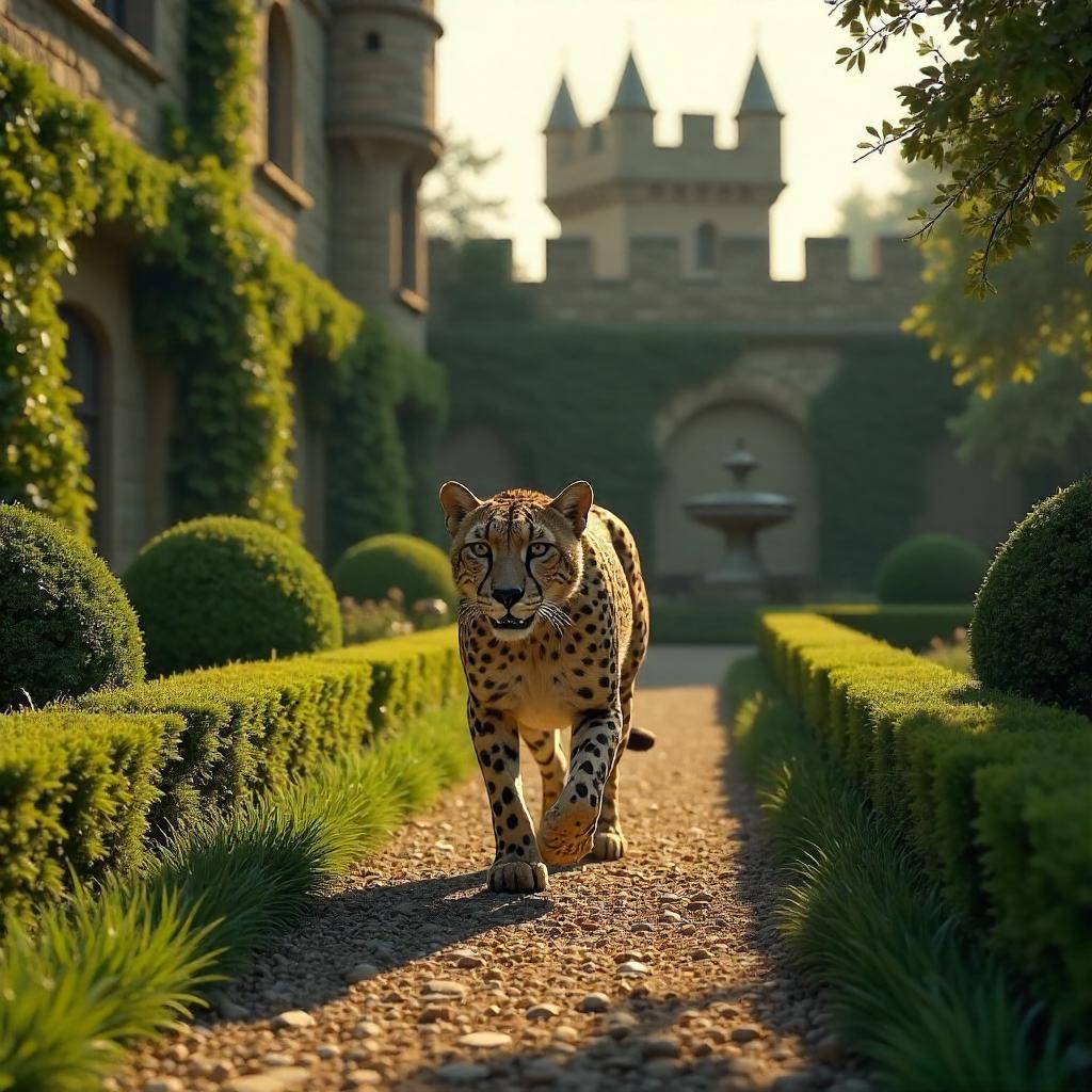 Regal Cheetah in Castle Gardens 3D Render