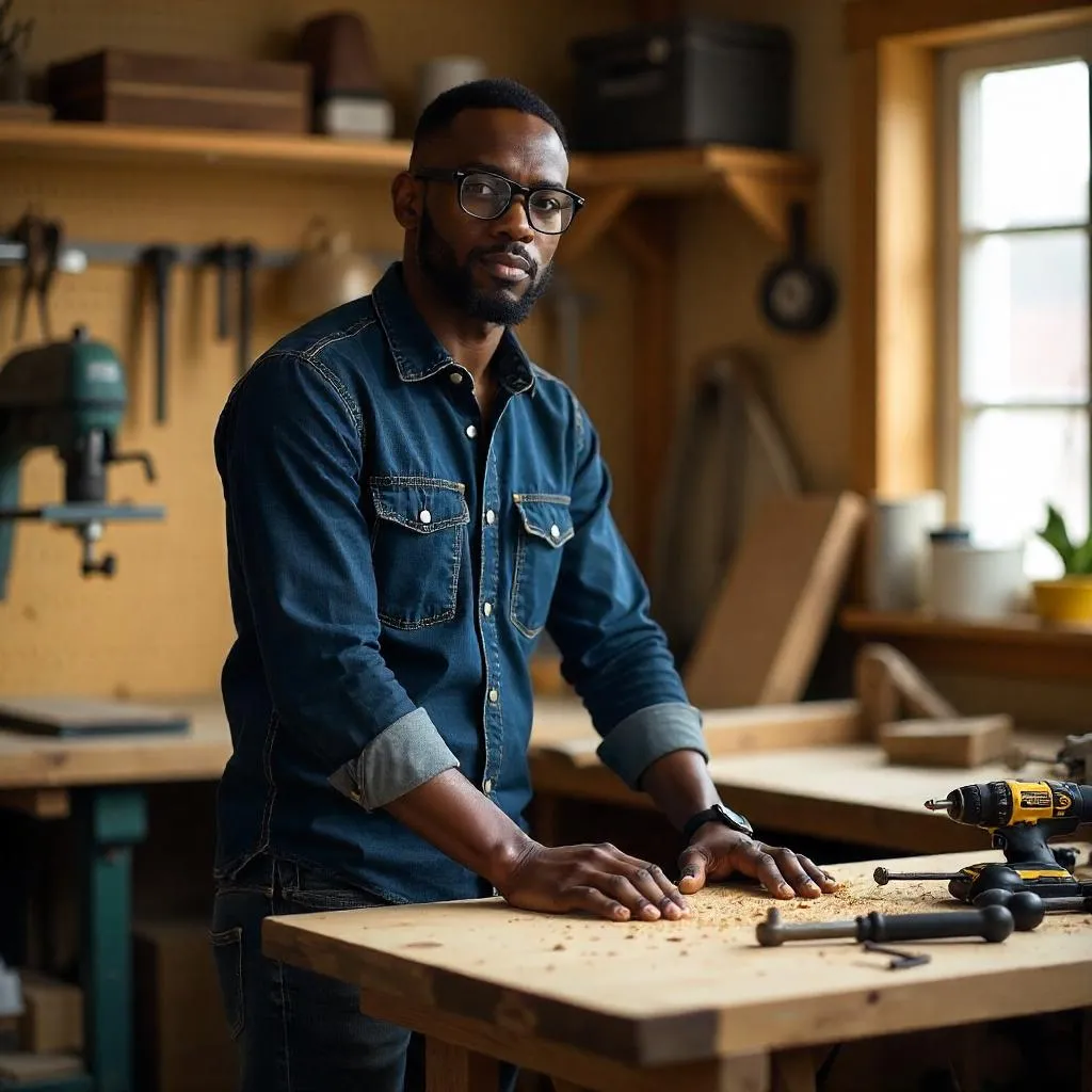 Photorealistic Young Black Man in a Woodworking Workshop