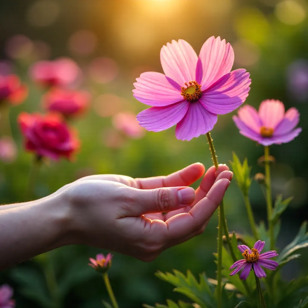 Gentle Hand Holding Pink Cosmos in Lush Garden