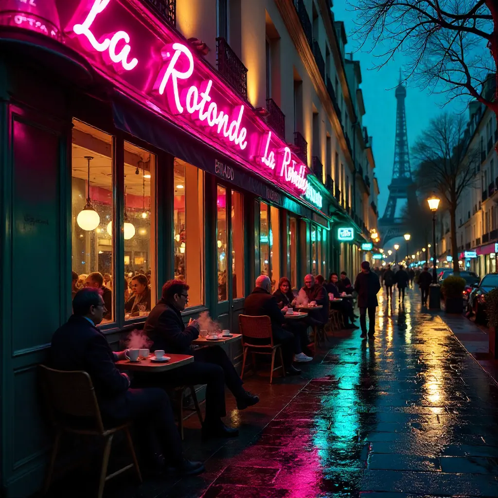 Neon Night at La Rotonde Café, Montparnasse, Paris