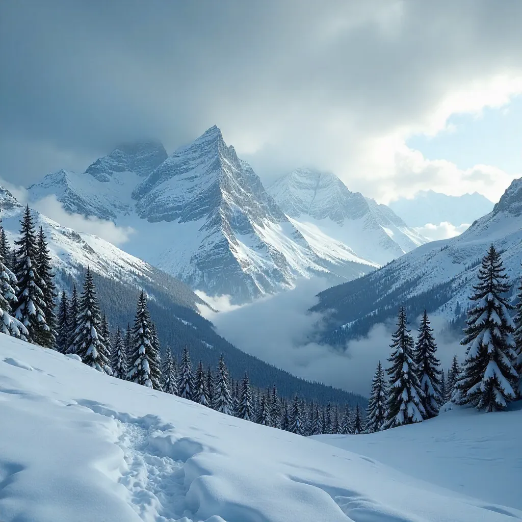 Snow-Capped Mountain Majesty Under a Moody Clouded Sky