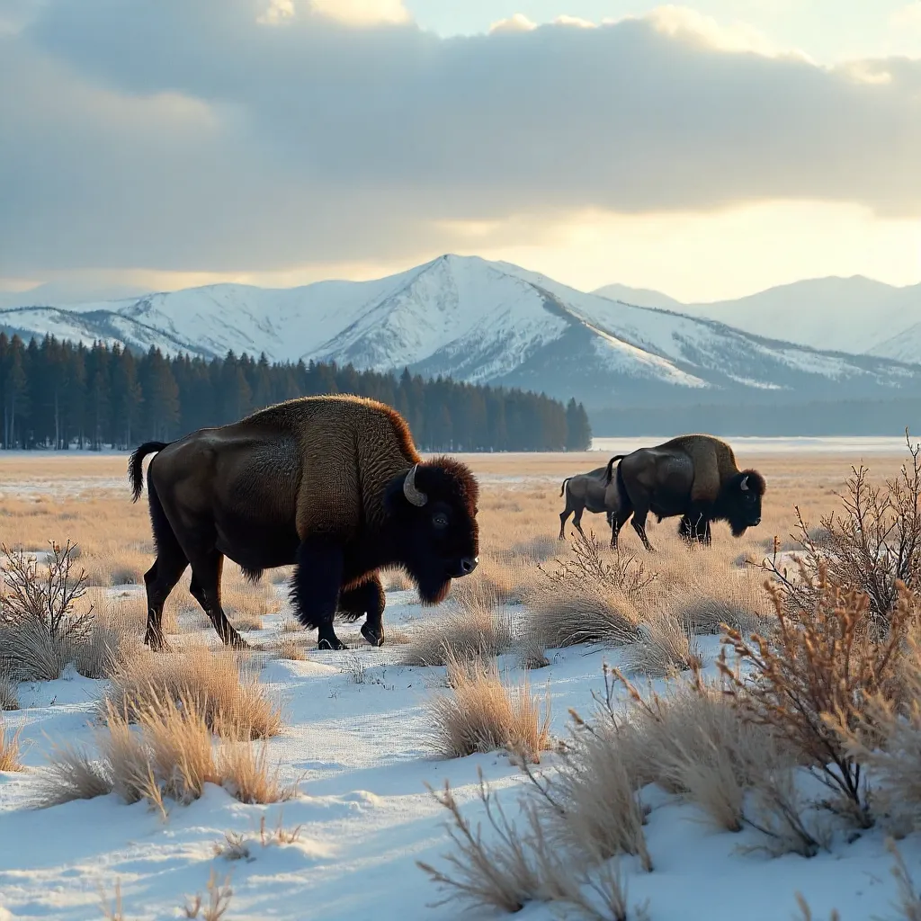 Winter Bison Herd Roaming Yellowstone Grasslands