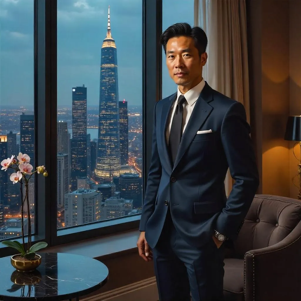 Elegant Asian Man in a Penthouse Oil Portrait