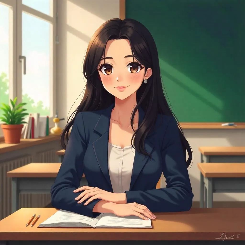 Latina Anime Woman in a Bright Classroom