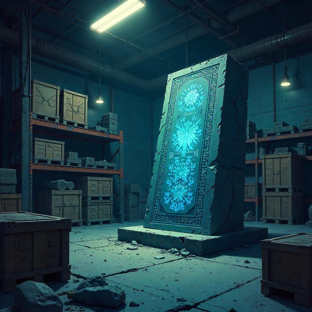 Monolithic Runic Stone in an Anime Warehouse