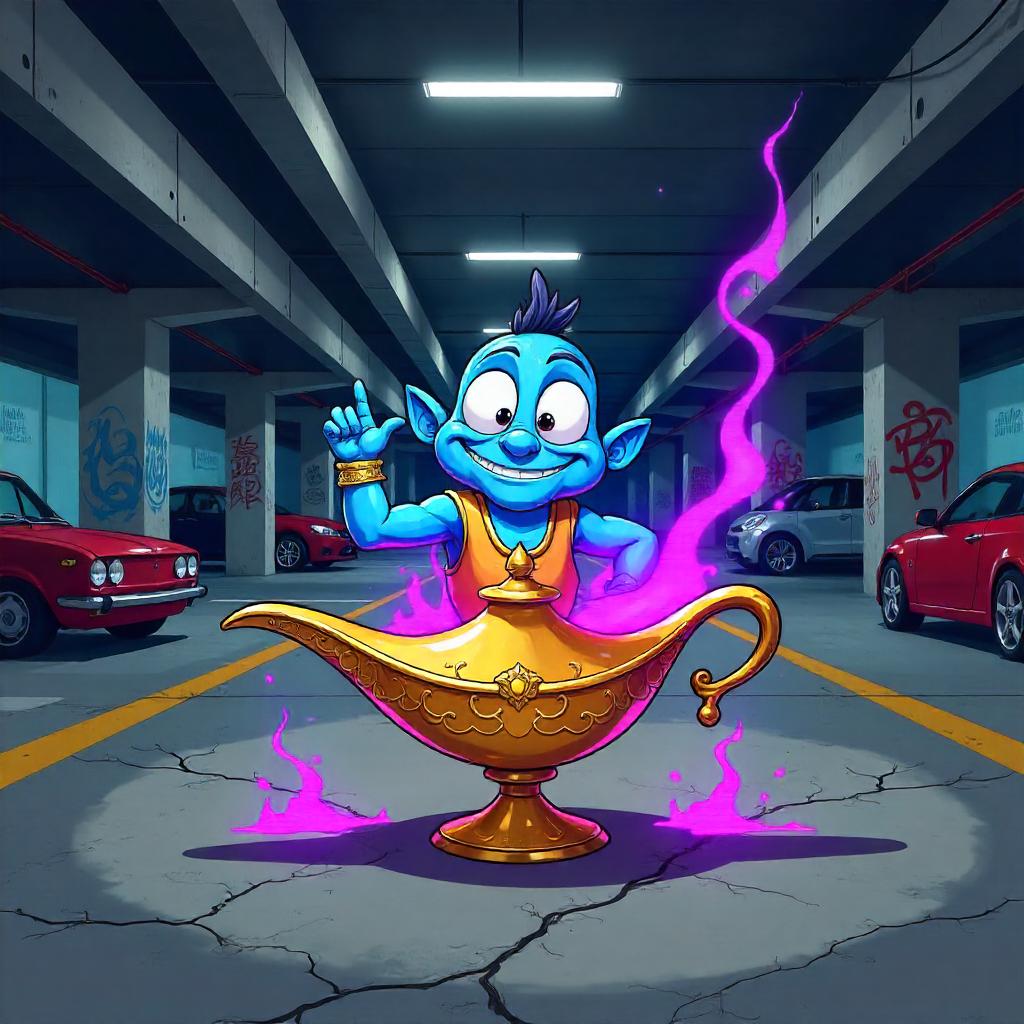 Cartoon Genie Emerges in a Parking Garage