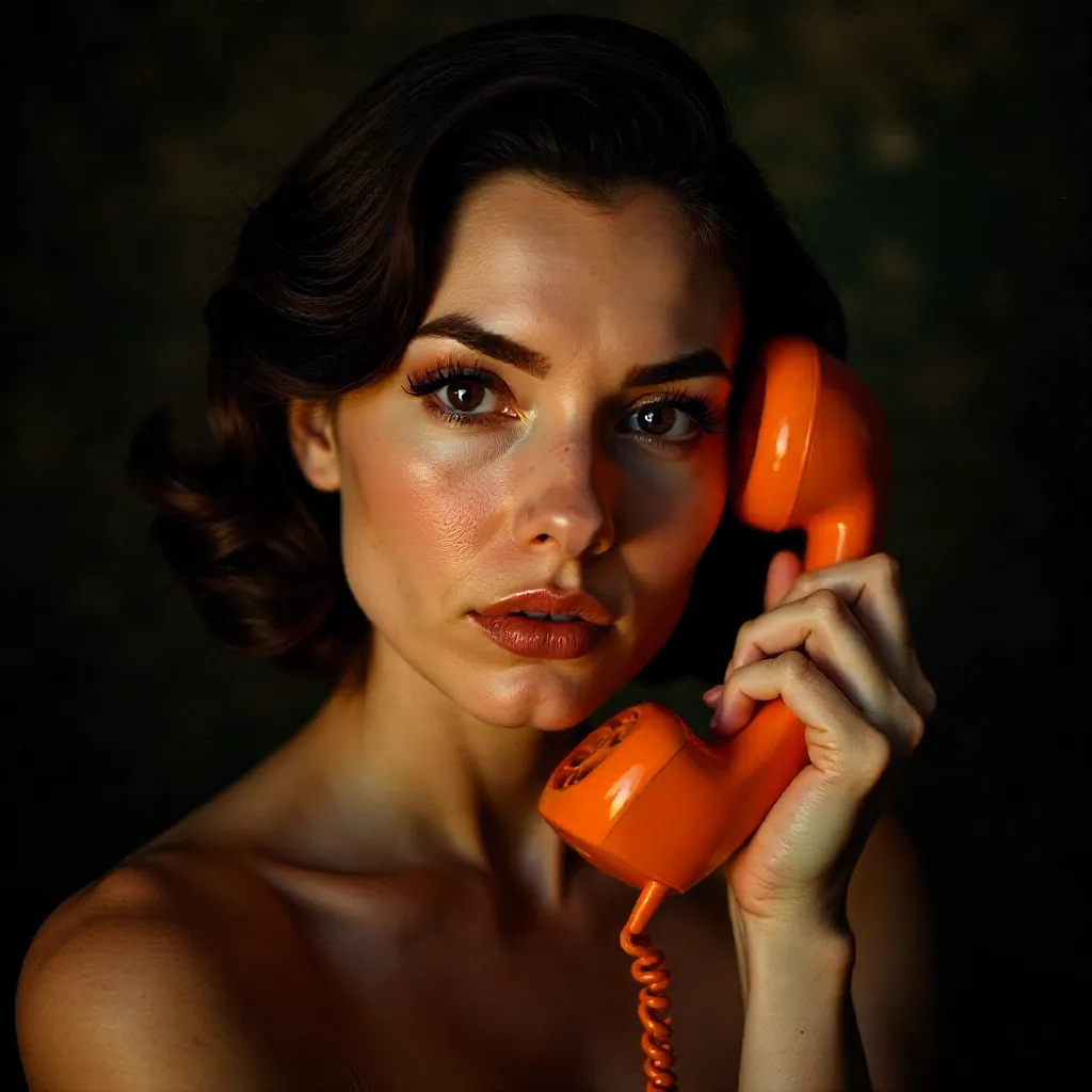 Moody Close-Up: Woman & Vintage Orange Phone