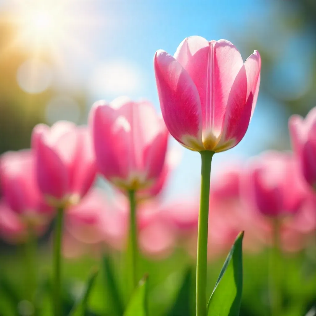 Pink Tulips in Bright Sunlight under a Blue Sky
