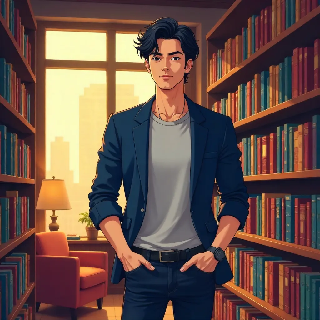 Confident Anime Man in a Cozy Bookstore