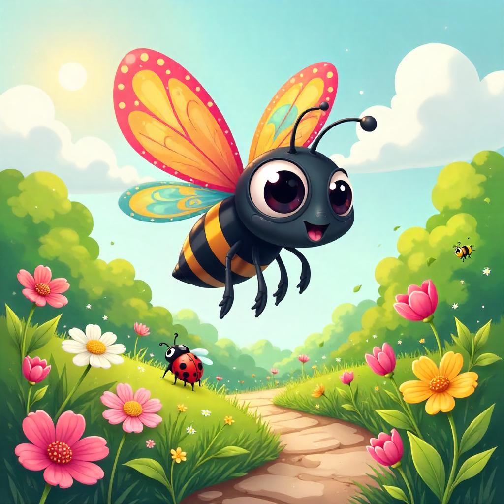 Whimsical Cartoon Butterfly in a Lush Garden