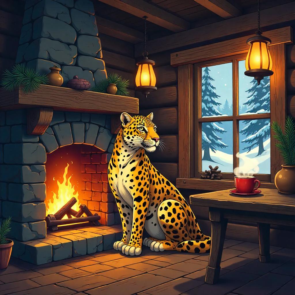 Leopard Anime in a Cozy Log Cabin