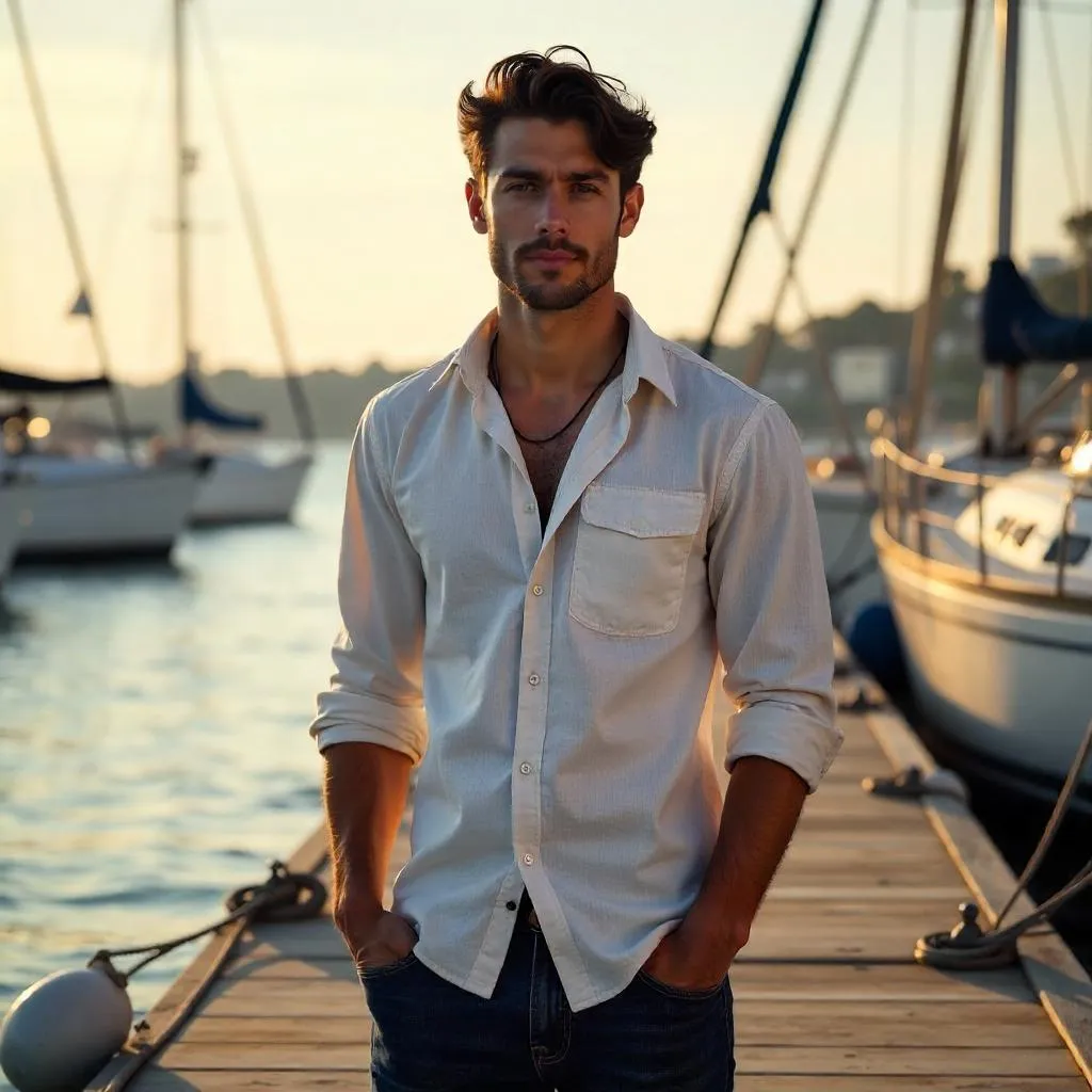 Photorealistic Young Latino Man at a Marina