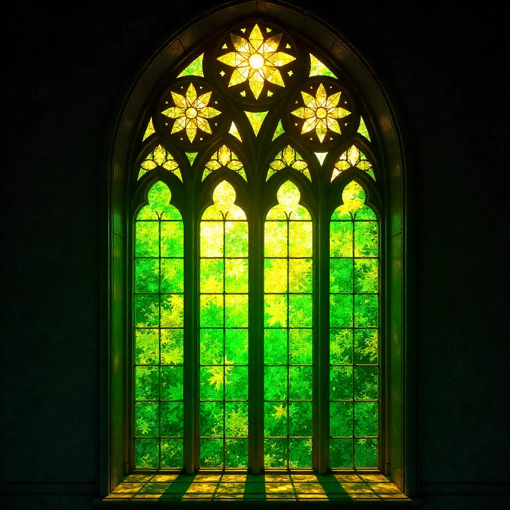 Stained Glass Stars in Green and Yellow Window