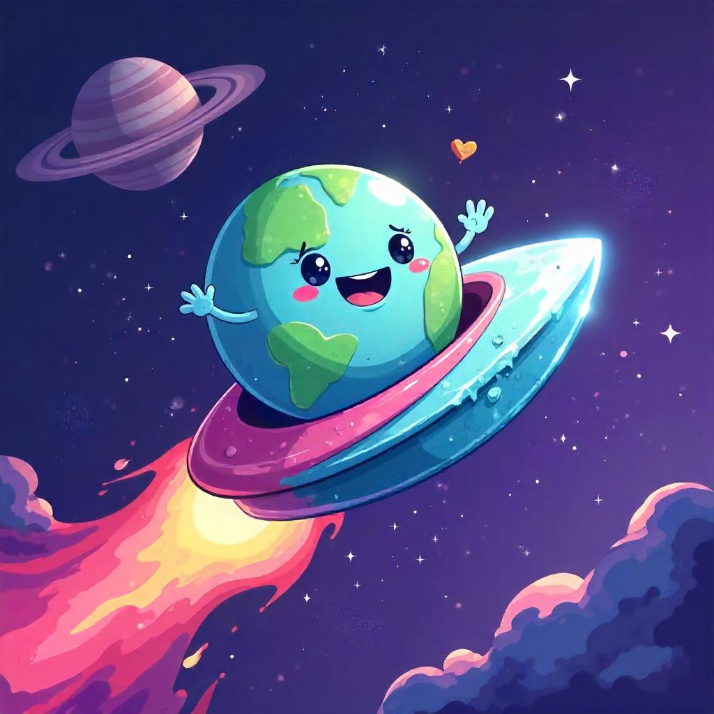 Cartoon Planet Riding a Sparkling Comet