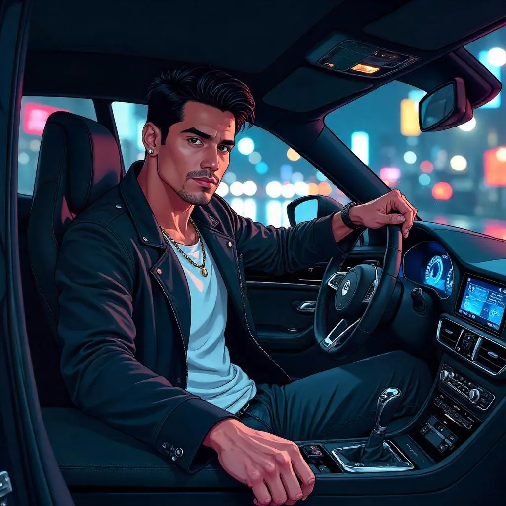 Stylish Latino Man in an Anime Car Portrait