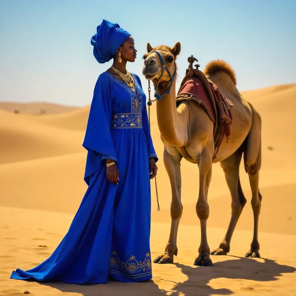 Blue-clad Woman with Camel in Nigerian Desert