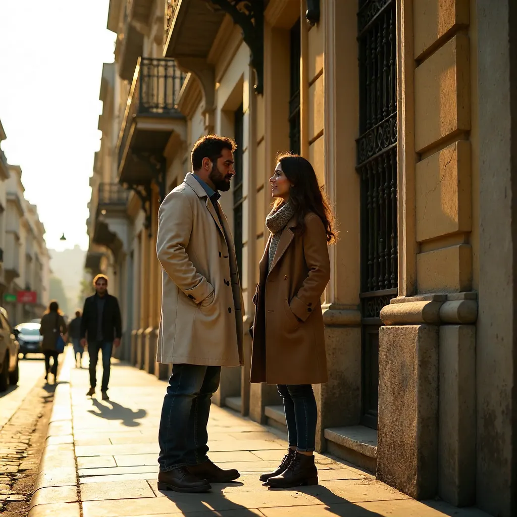 Two Adults Conversing in Front of a Porteño Facade
