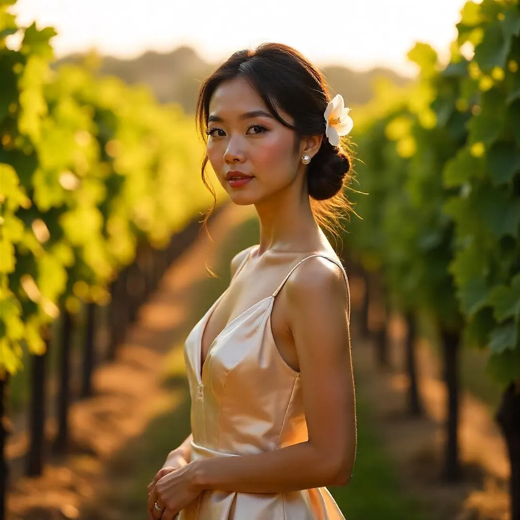 Elegant Asian Woman in a Golden Hour Vineyard