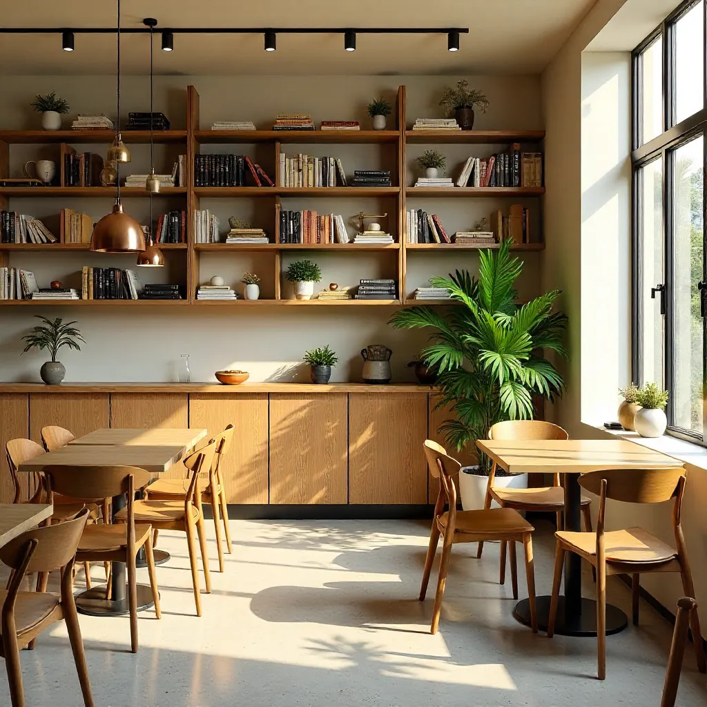 Stylish Modern Cafe Interior with Bookshelf and Plant