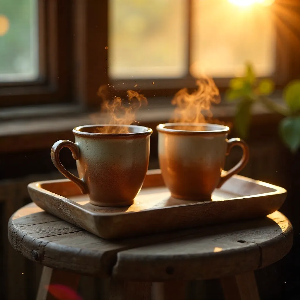 Two Rustic Coffee Cups on a Wooden Tray in Warm Sunlight