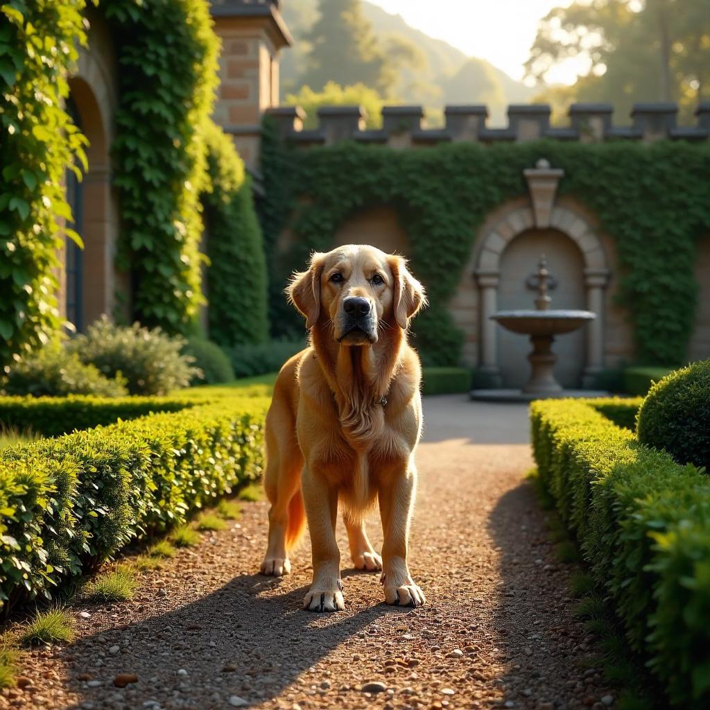 Photorealistic Dog in a Castle Garden