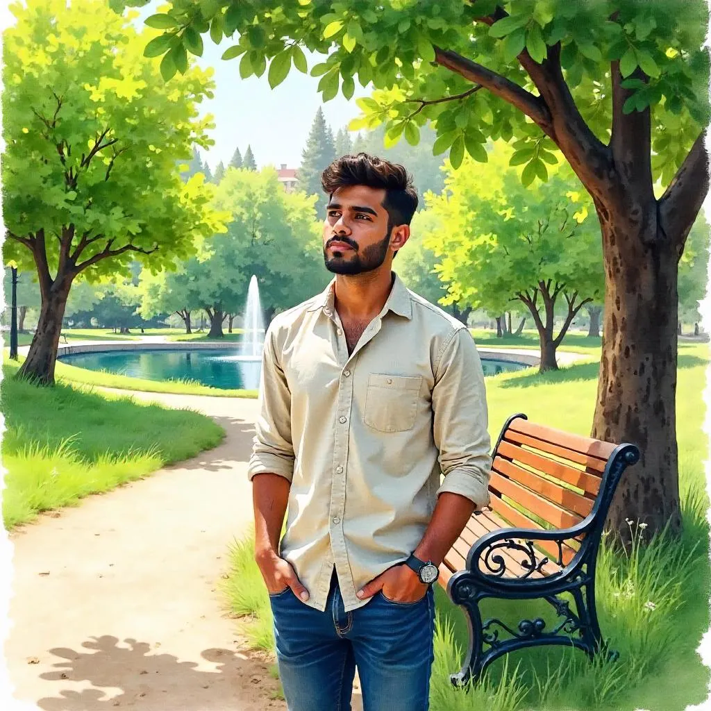 Watercolor Portrait: Young Middle Eastern Man in a Park