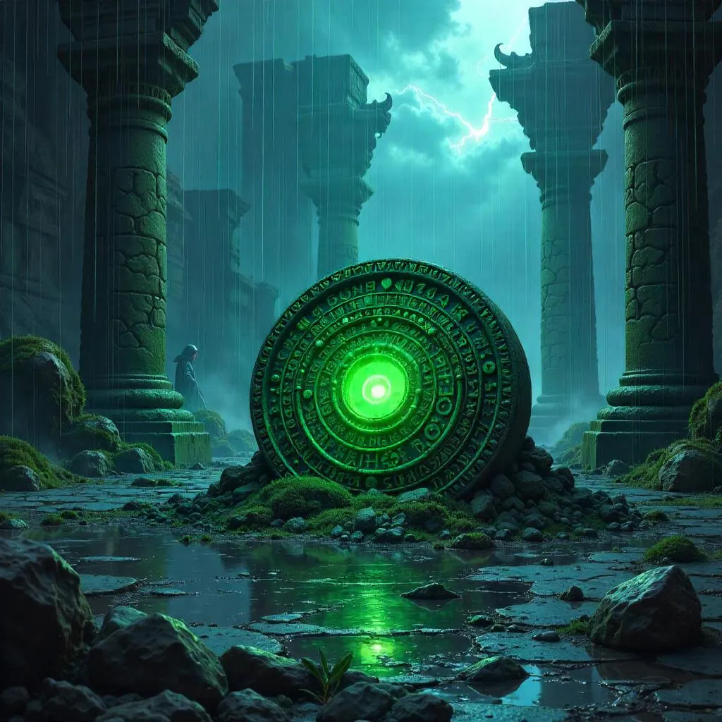 Rain-Soaked Anime Artifact in Stormy Temple Ruins