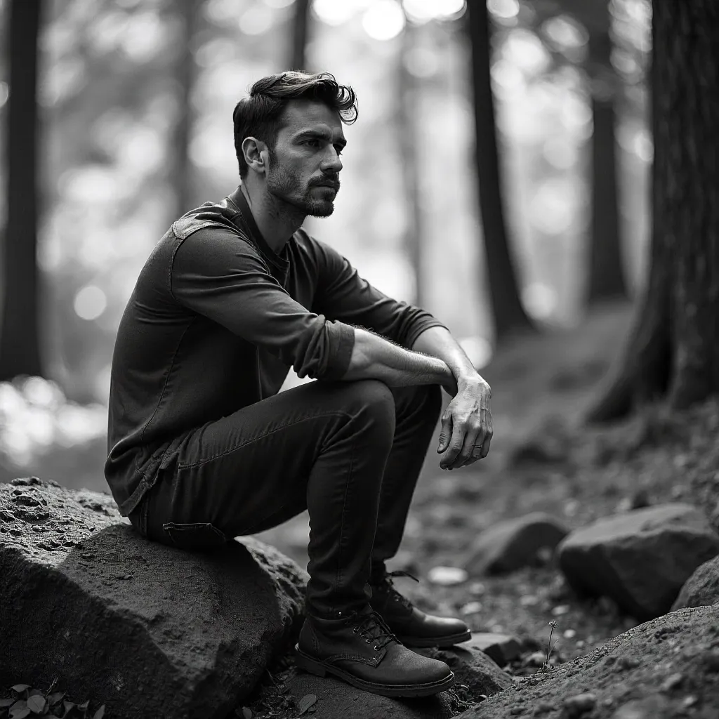 Monochrome Portrait: Man on a Rock Outdoors