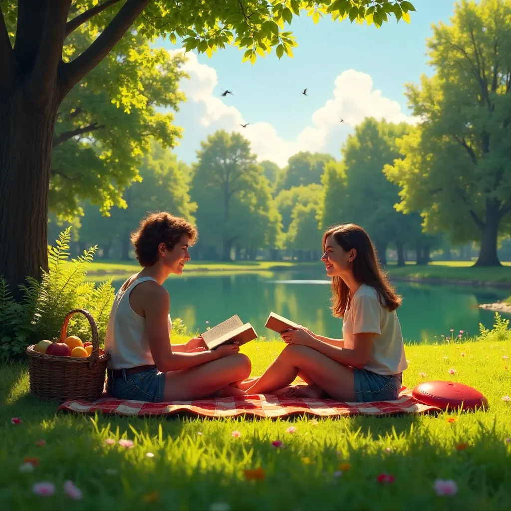 Golden Sunlit Park: Two Friends Relaxing