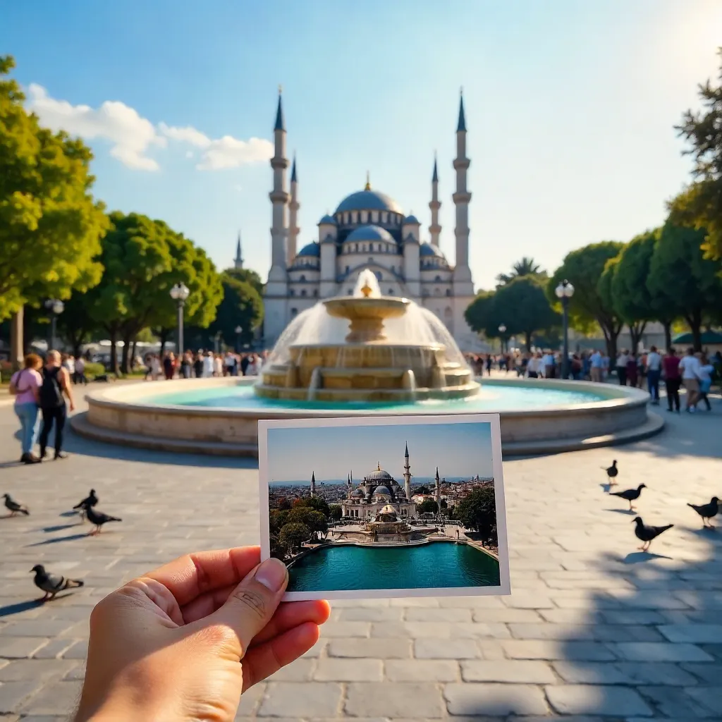 Person with Istanbul postcard by German Fountain on a sunny day
