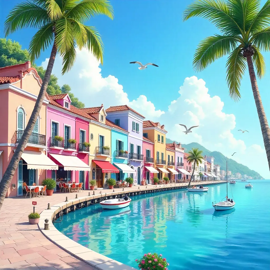 Vibrant Pastel Waterfront Cityscape Under a Blue Sky