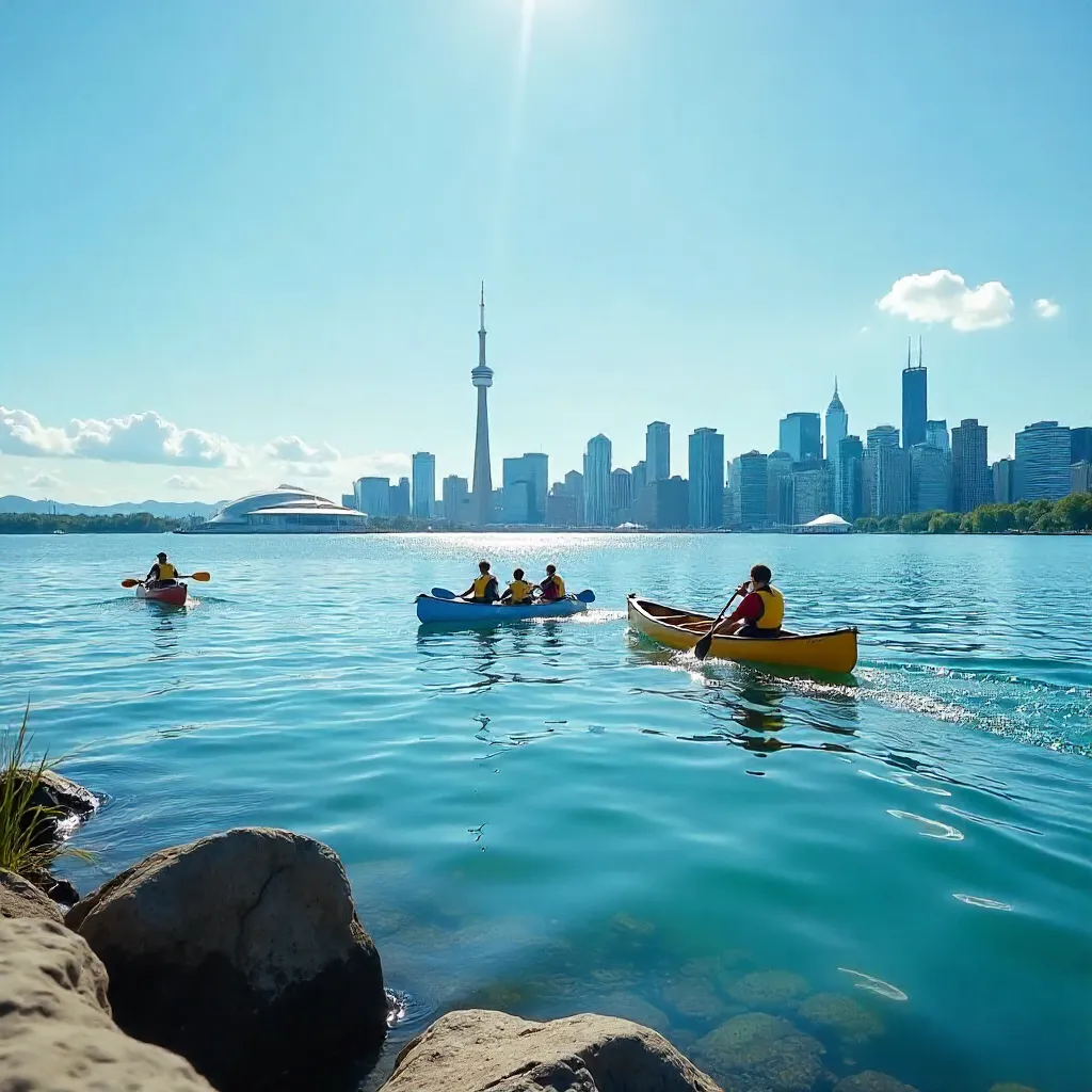 Canoeists on Lake Ontario with Toronto Skyline