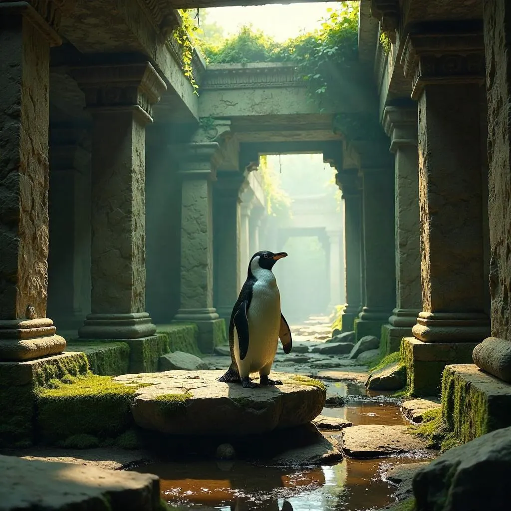 Photorealistic Penguin in Ancient Temple Ruins