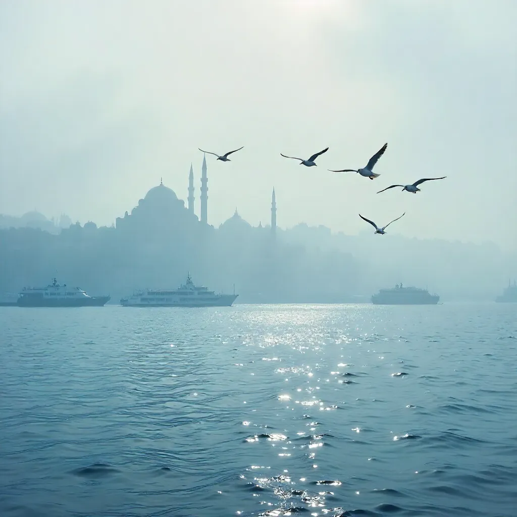 Foggy Bosporus: Seagulls over Istanbul Skyline