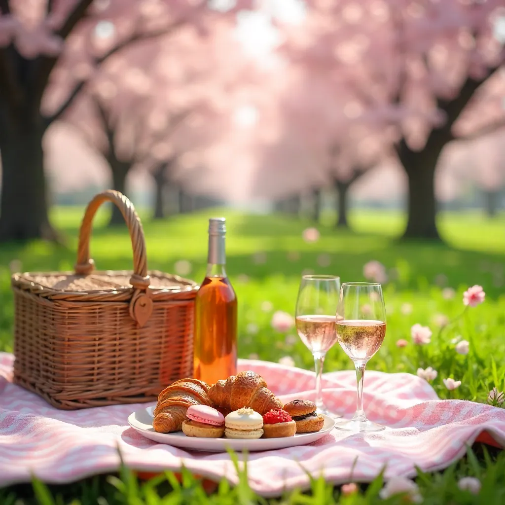 Spring Picnic Under Cherry Blossoms with Wine