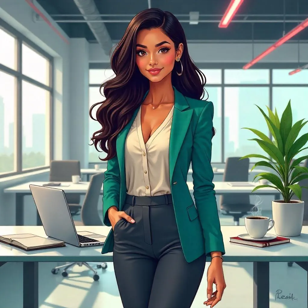 Stylish Latina in a Modern Anime Workspace