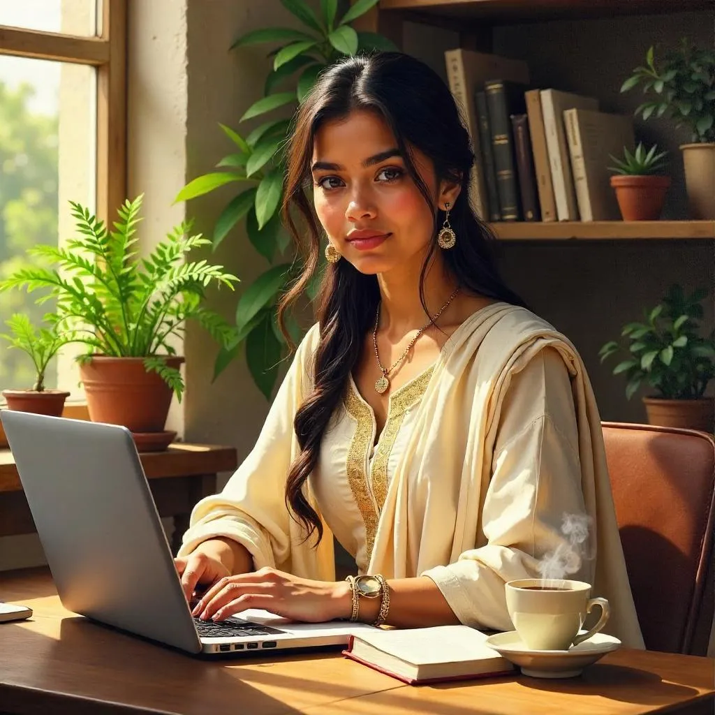 Oil Portrait of an Indian Woman in a Modern Workspace