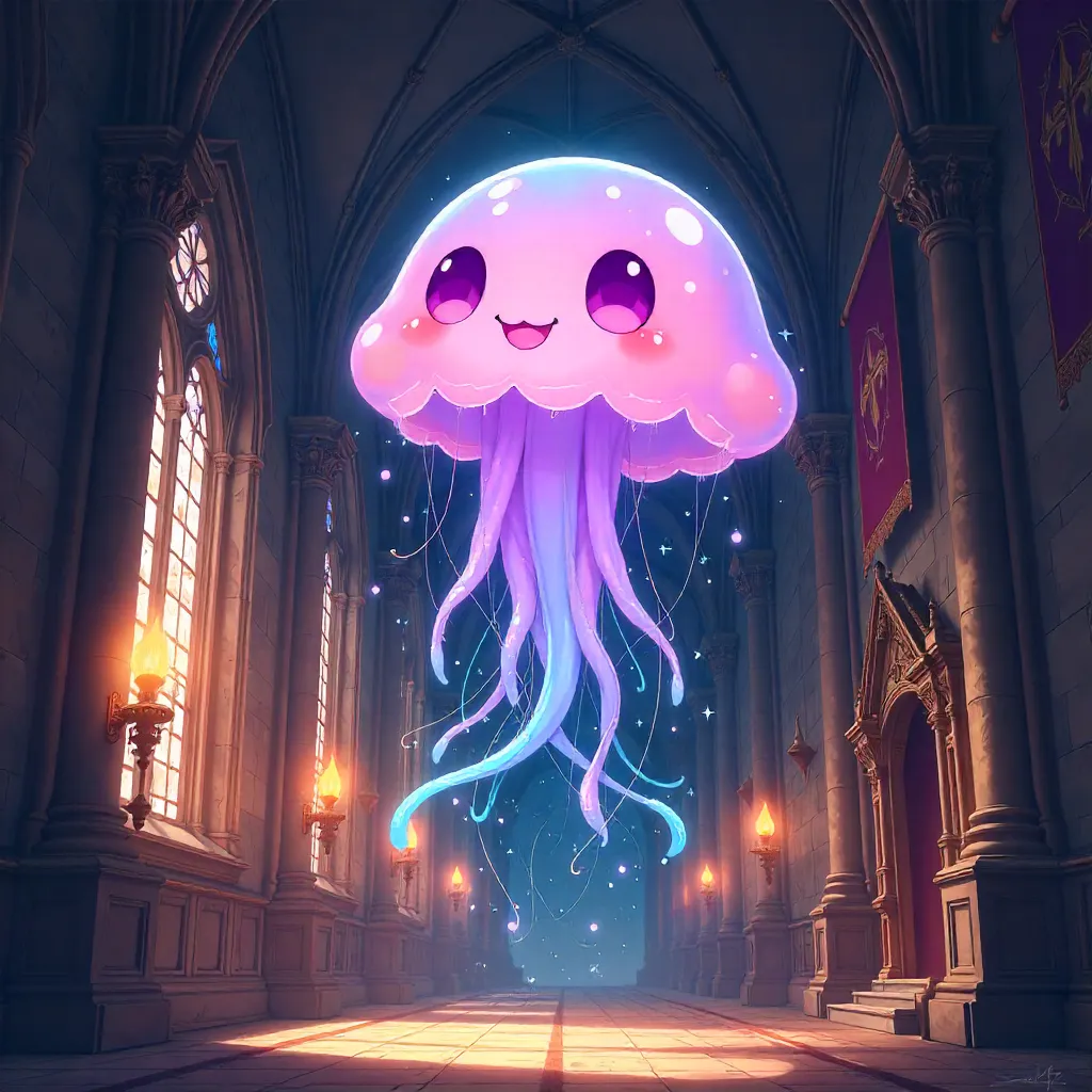 Anime Jellyfish in a Medieval Castle Hall
