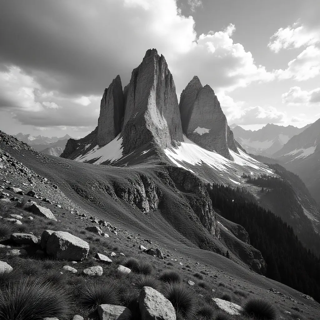 Stark Monochrome Tre Cime di Lavaredo Peaks