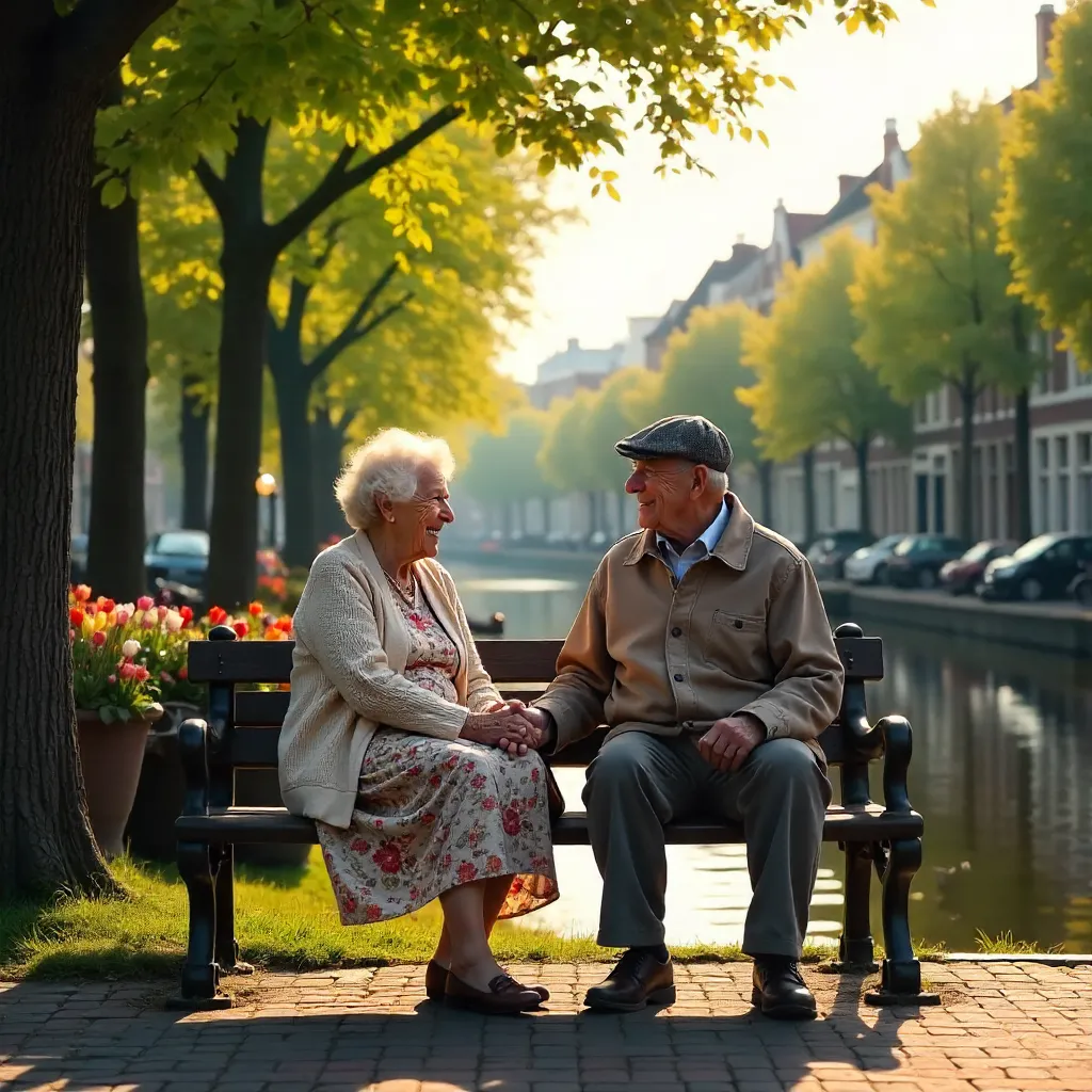 Sunlit Amsterdam: Elderly couple on a park bench