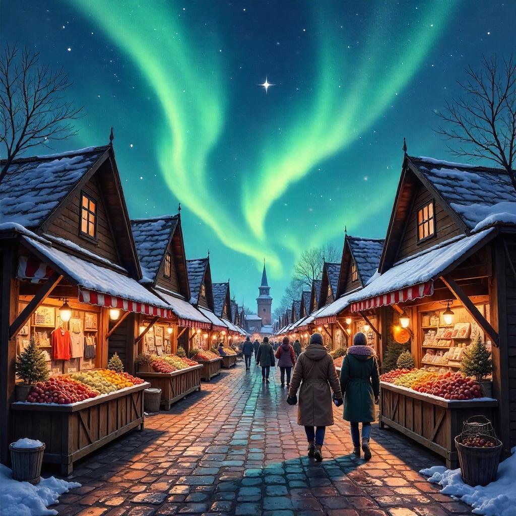 Aurora Over a Marketplace in Watercolor