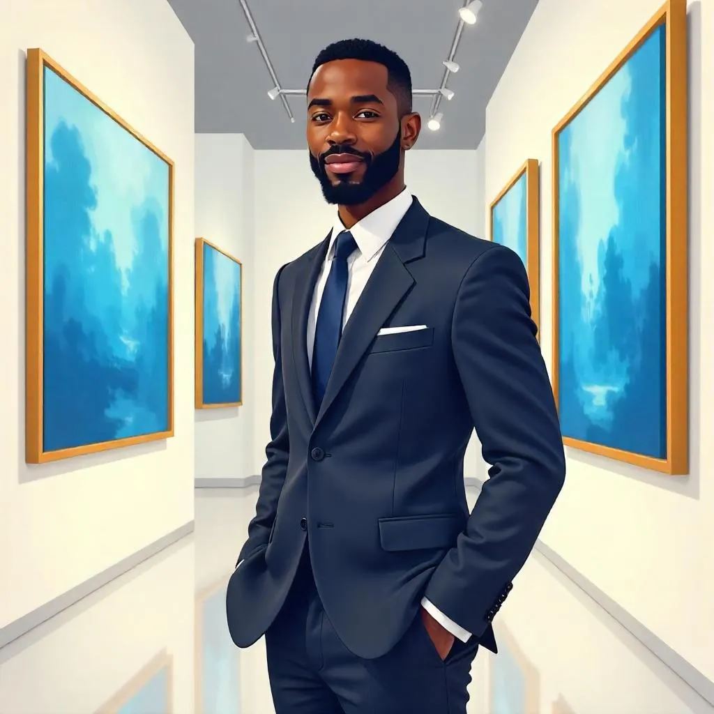 Cartoon Professional Black Man in an Art Gallery