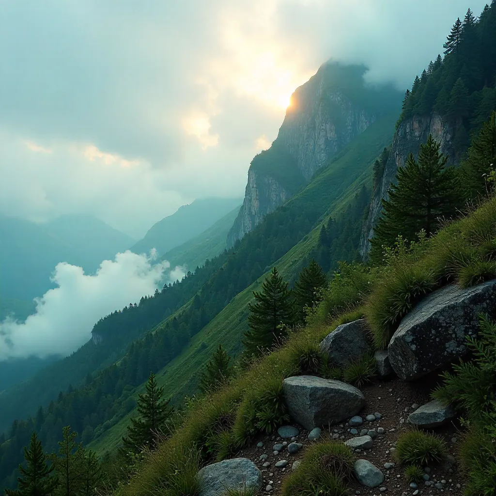 Mist-Engulfed Mountain Slope in Emerald Fog