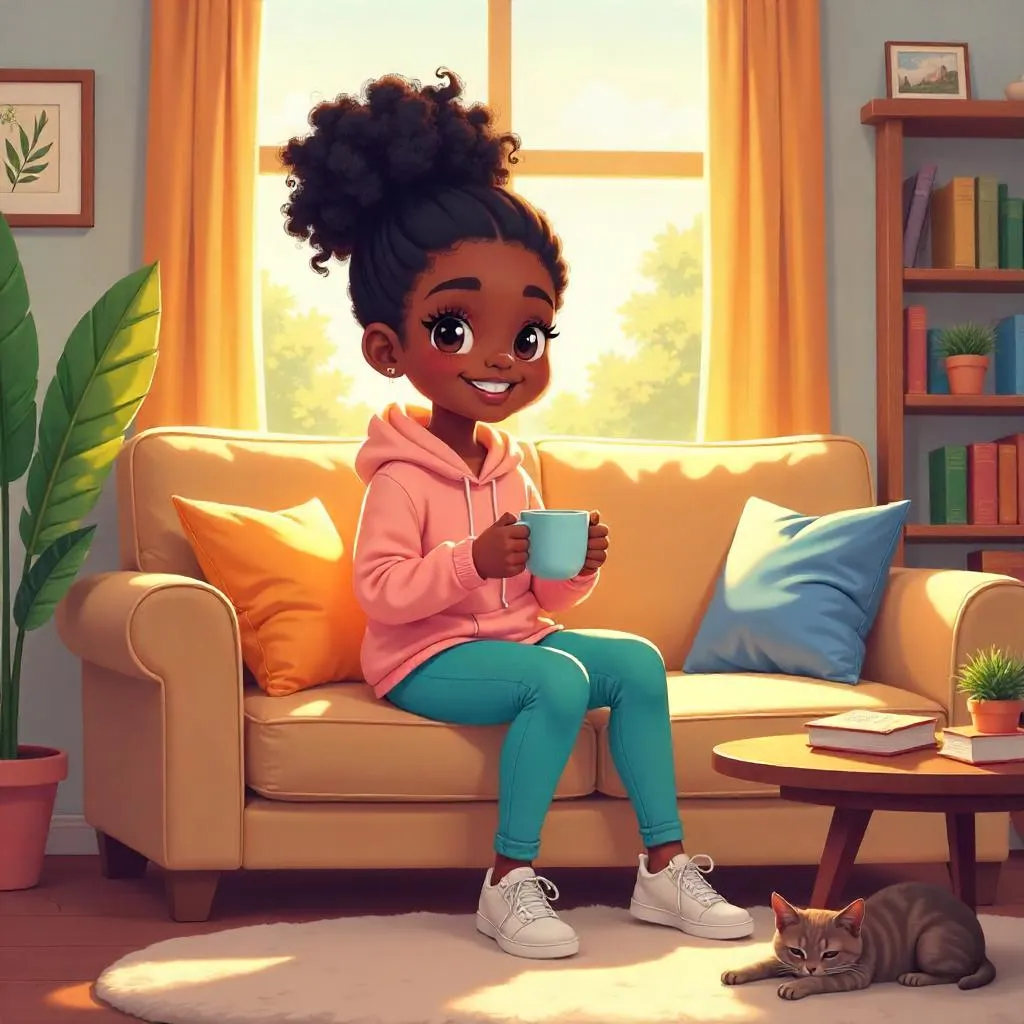Cheerful Black Girl in a Cozy Anime Living Room