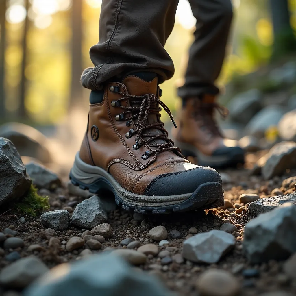 Close-Up of Two Hikers' Rugged Boots on Rocky Trail