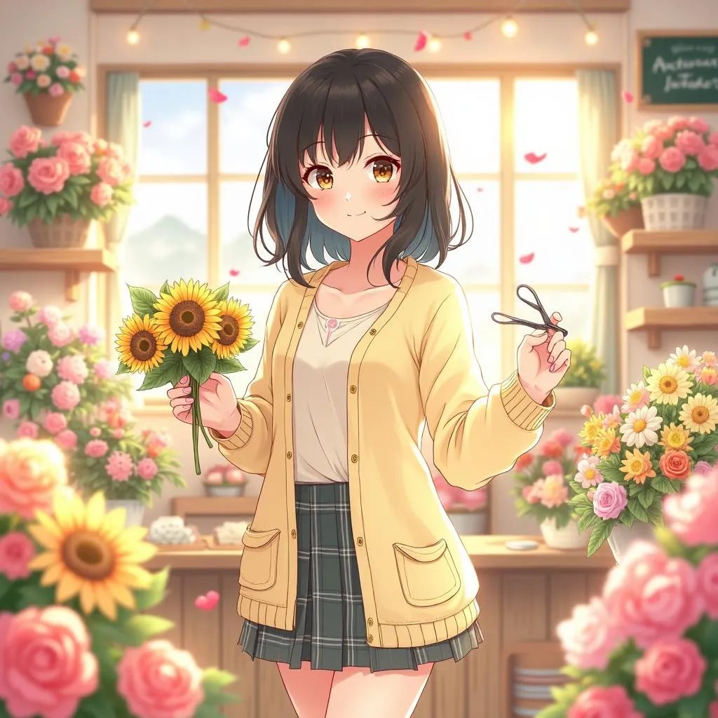Cheerful Asian Girl in a Flower Shop - Anime Style