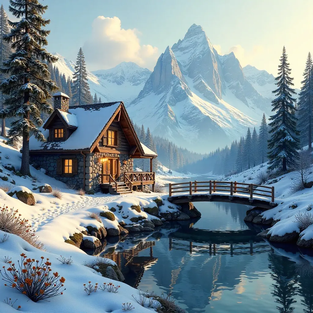 Tranquil Alpine Cottage by a Wooden Bridge